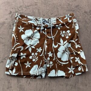 Sand N Sun Men Brown Blue Hibiscus Floral Board Shorts Swim Trunks Cargo Pockets